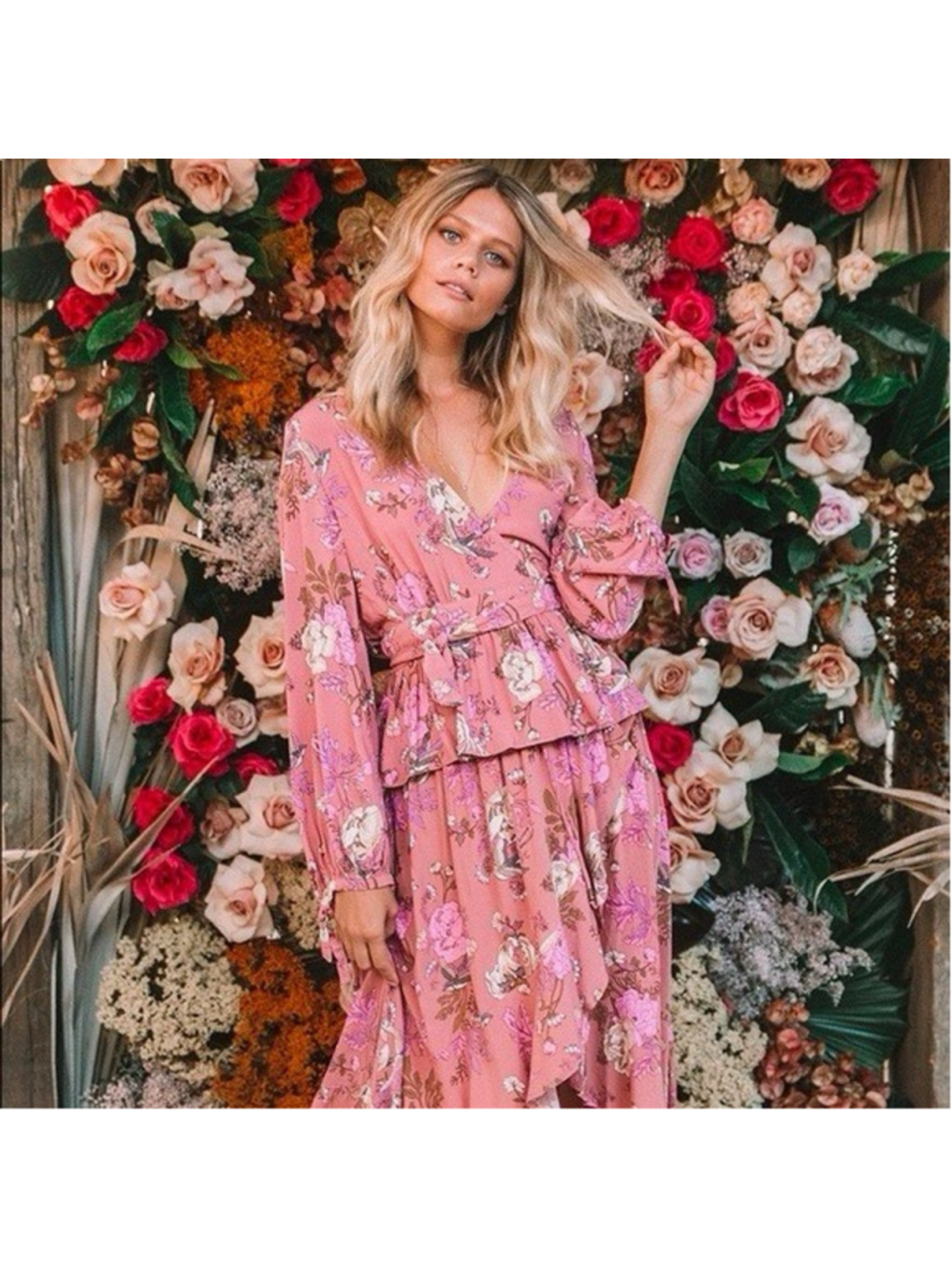 Spell & The Gypsy Wrap Top Pink Floral Rosa Boho Tie Waist Long Sleeve Blouse XS